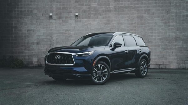 Stylish Infiniti QX60 SUV parked in an urban setting, showcasing modern automotive design.
