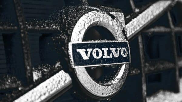 a close up of a volvo emblem on a car