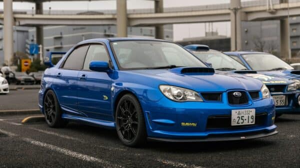 A blue subaru wrx sti parked in a lot.