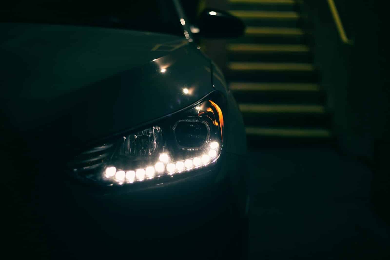a close up of a car's headlight with stairs in the background